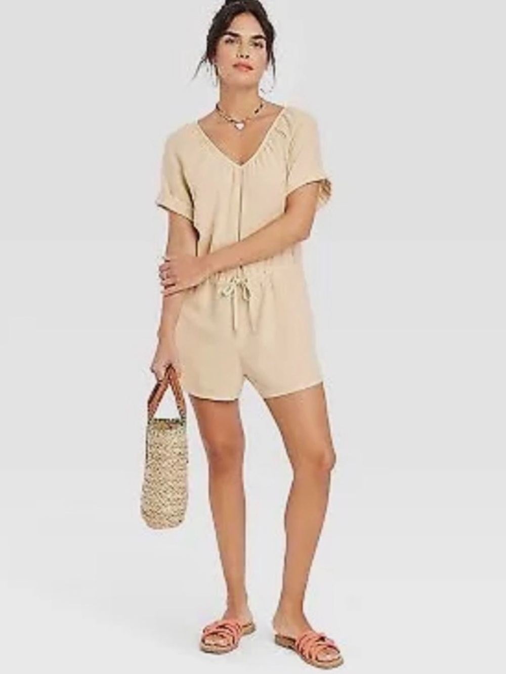 Universal Thread Beige V‑Neck Short Sleeve Drawstring Romper